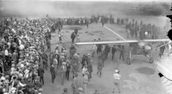 A 1927 photo of Charles Lindbergh arriving in his Ryan-built “Spirit of St. Louis” aircraft at original Lowry Field.